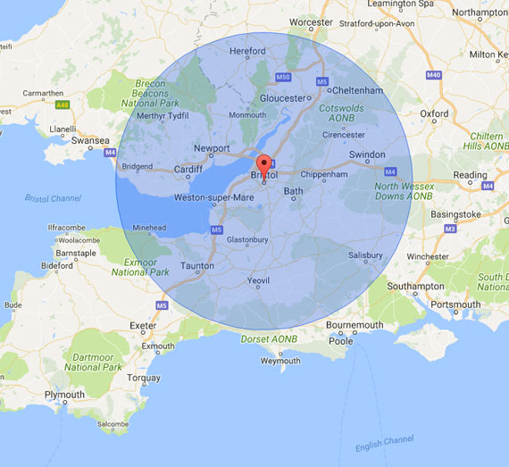 map showing a fifty mile radius coverage area